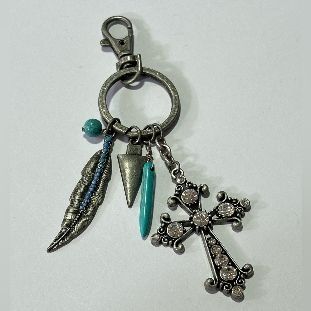 Antique Silver Rhinestone Cross & Feather Keychain Bag Charm Fairycore Goth